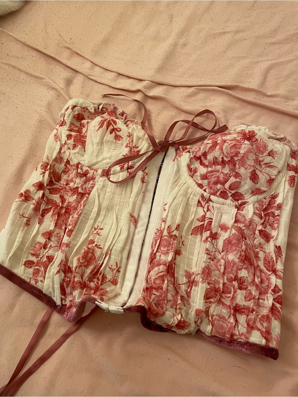 Floral Lace-Trim Corset Crop Top in Rose Print